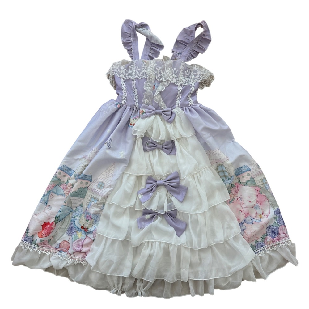 Kawaii Lolita JSK Dress Cat Print Lace Ruffle Bow Princess S Lavender